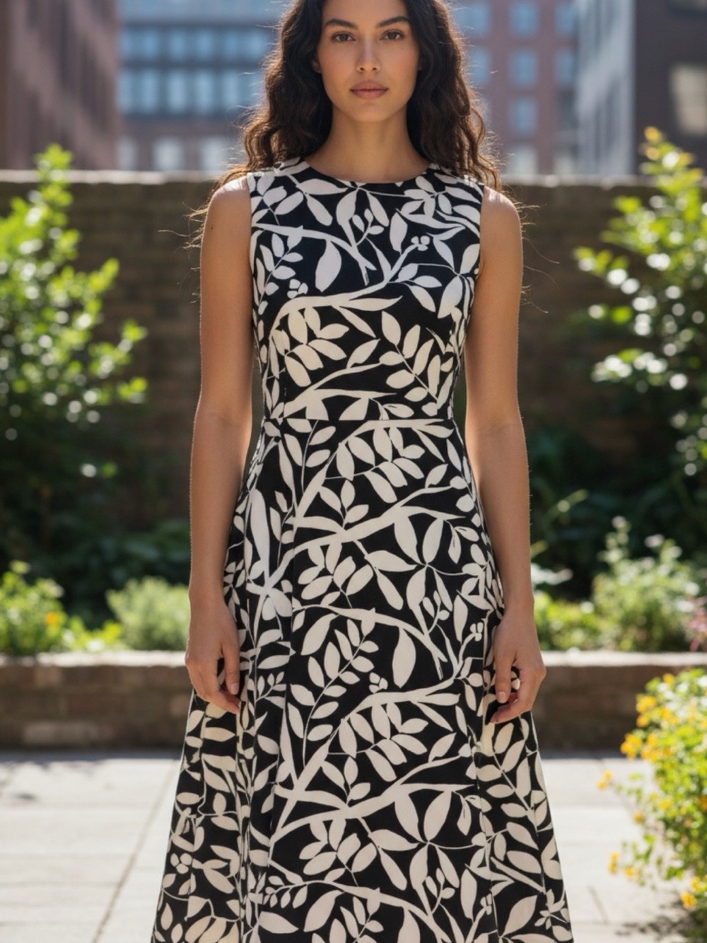 Calvin Klein Black and White Leaf-Print Sleeveless Midi Dress - Picture 7 of 7